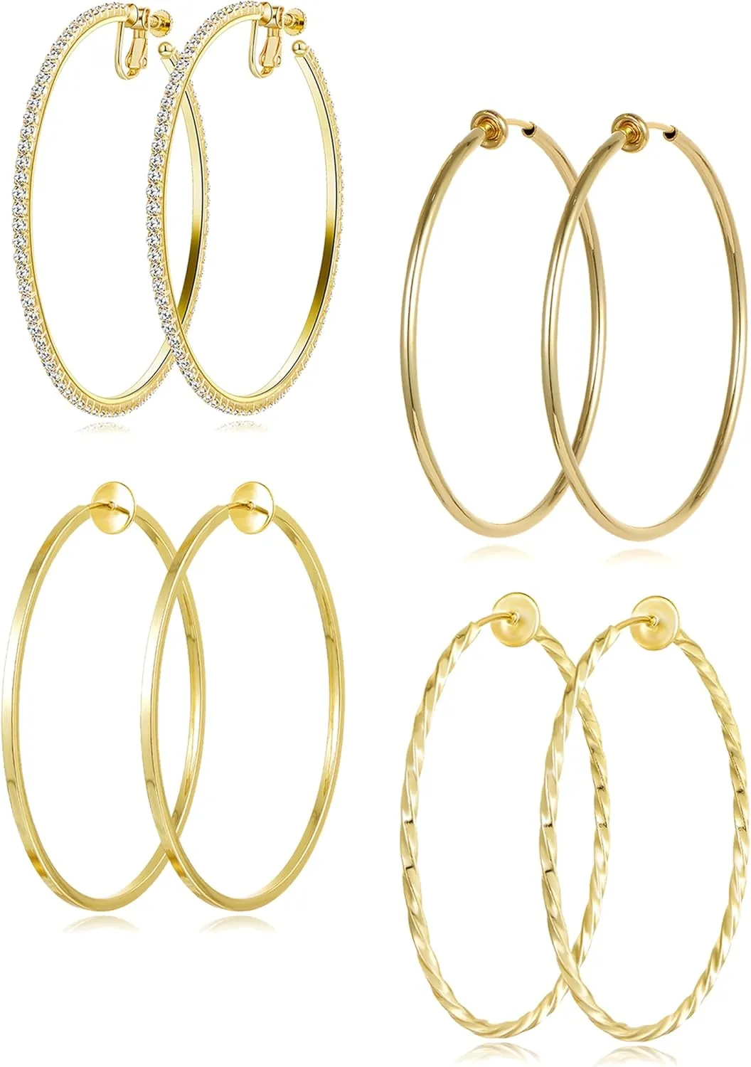 4 Pairs Clip on Hoop Earrings for Women CZ Twist Fake Hoop Earring Sets Spring Hoops for Non Pierced Ears Gold Tone 30/40/50/60/70mm