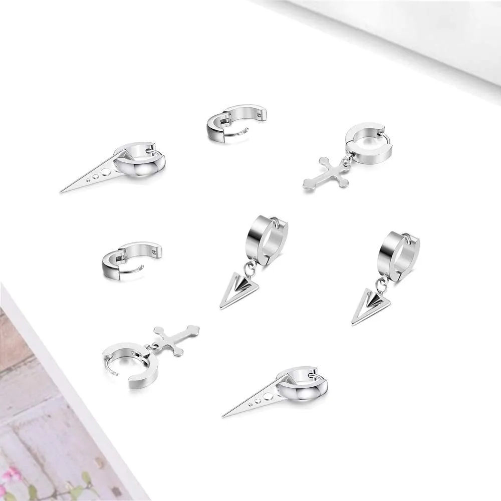 5 Pairs Punk Hip-hop Stainless Steel Black Dagger Geometric Triangle Cross Sword Dangle Surgical Huggie Hoop Earrings Set Gift for Men Women Teen