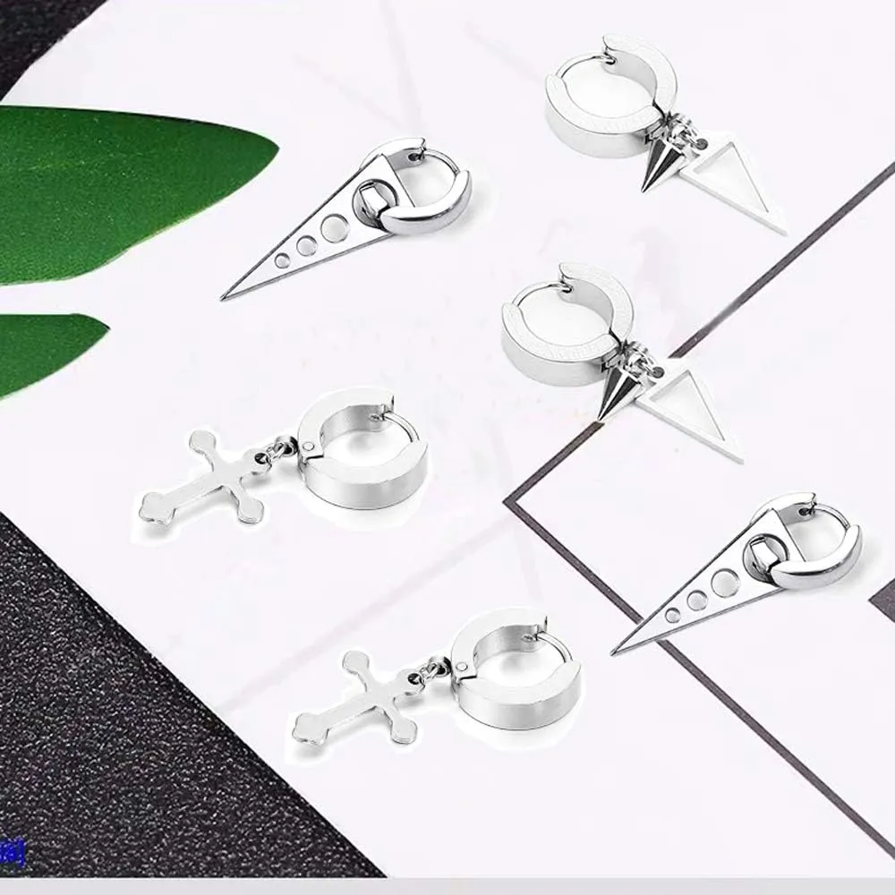 5 Pairs Punk Hip-hop Stainless Steel Black Dagger Geometric Triangle Cross Sword Dangle Surgical Huggie Hoop Earrings Set Gift for Men Women Teen
