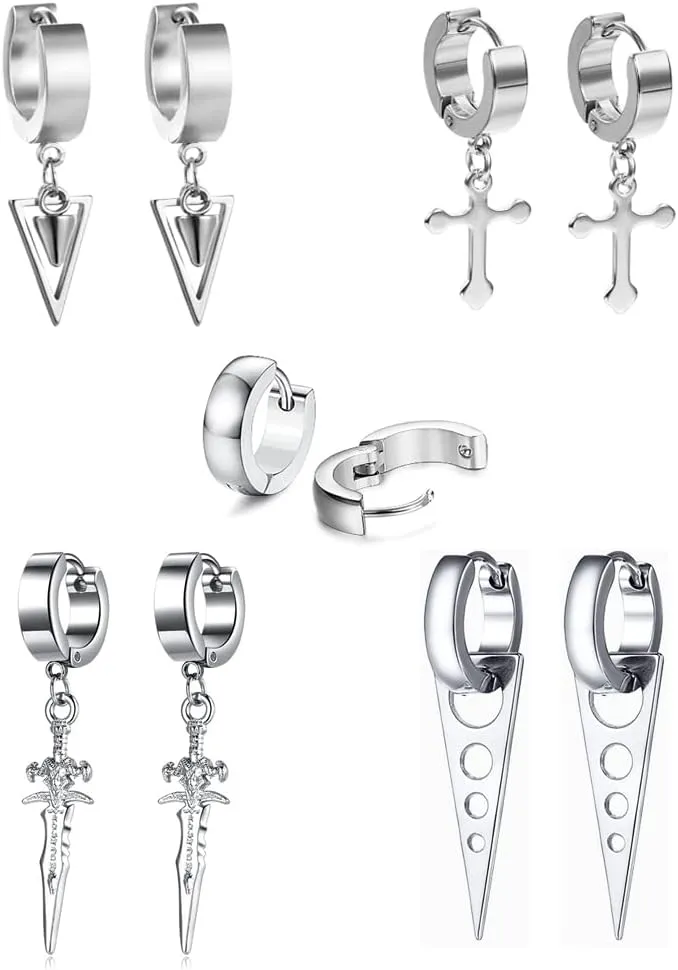 5 Pairs Punk Hip-hop Stainless Steel Black Dagger Geometric Triangle Cross Sword Dangle Surgical Huggie Hoop Earrings Set Gift for Men Women Teen