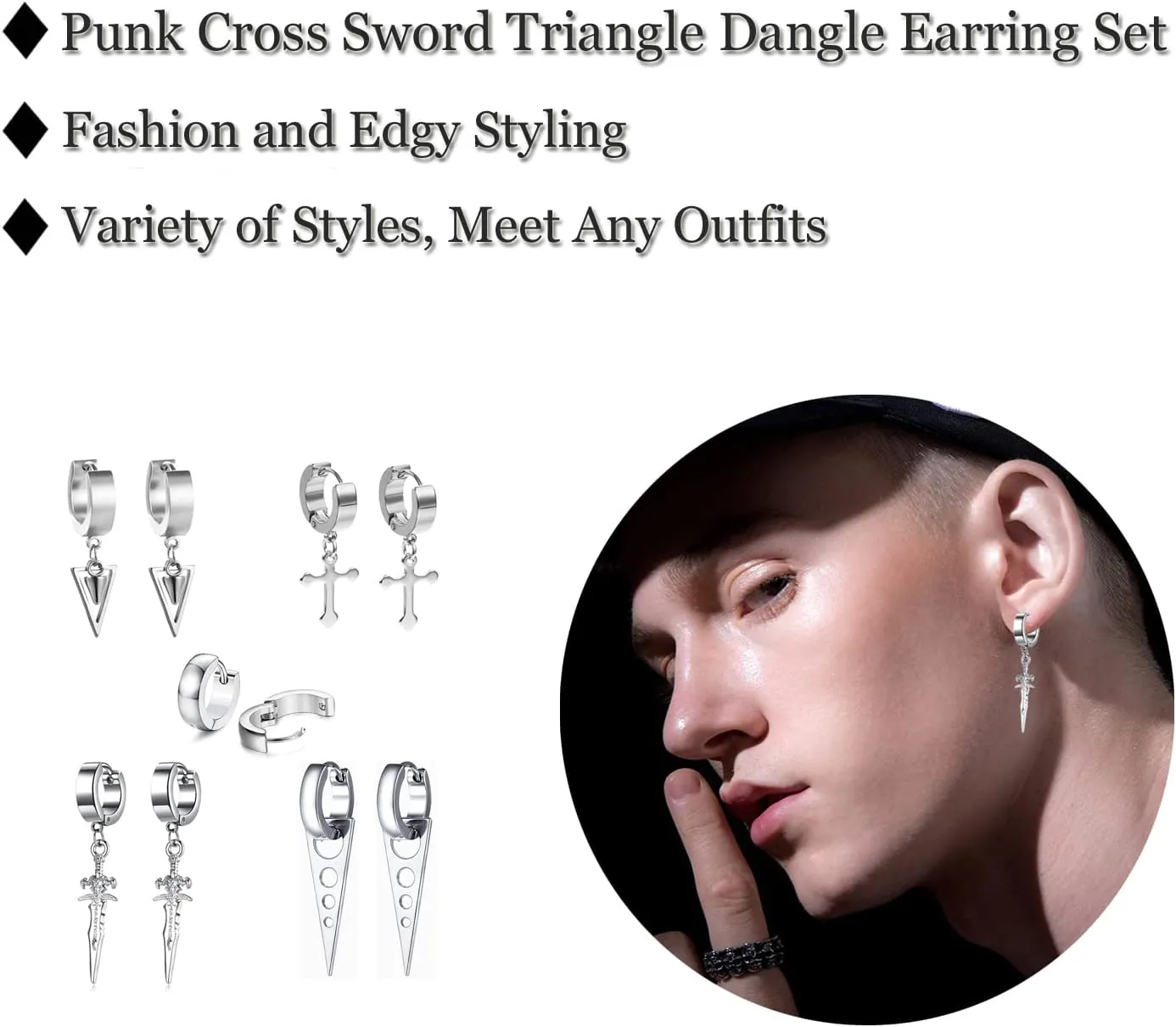 5 Pairs Punk Hip-hop Stainless Steel Black Dagger Geometric Triangle Cross Sword Dangle Surgical Huggie Hoop Earrings Set Gift for Men Women Teen