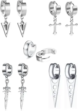 5 Pairs Punk Hip-hop Stainless Steel Black Dagger Geometric Triangle Cross Sword Dangle Surgical Huggie Hoop Earrings Set Gift for Men Women Teen