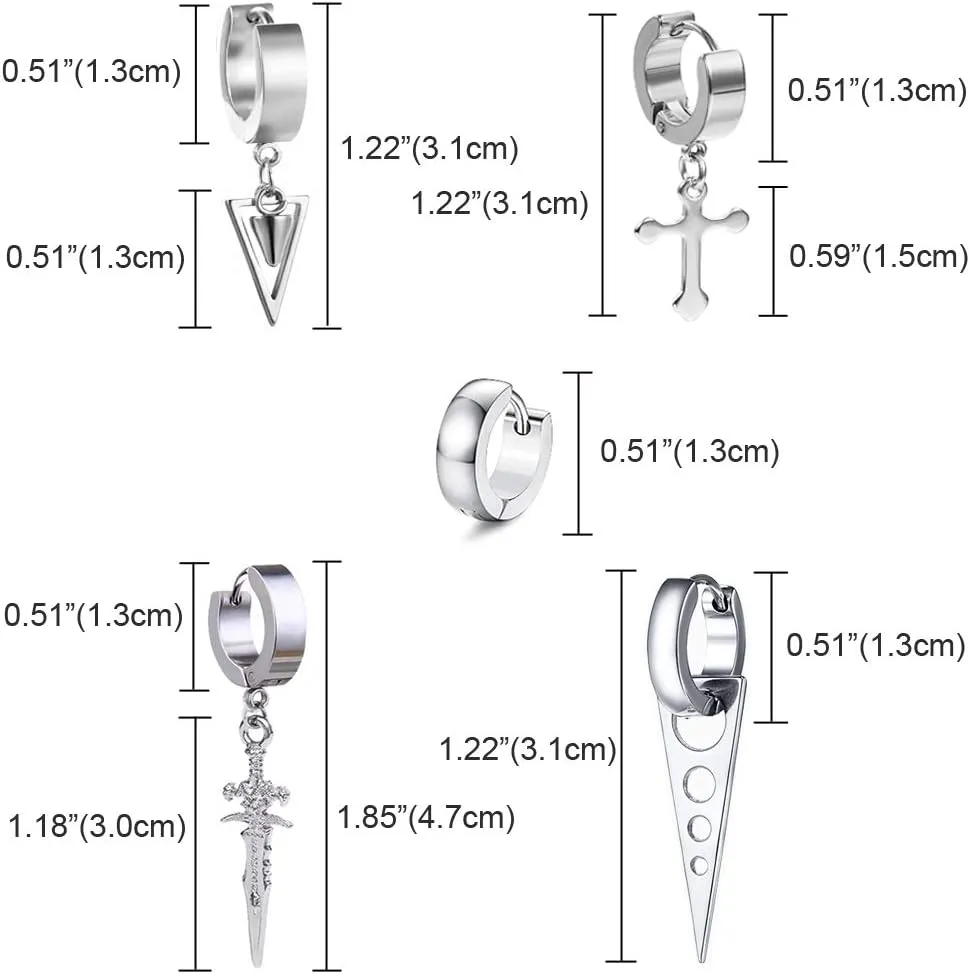5 Pairs Punk Hip-hop Stainless Steel Black Dagger Geometric Triangle Cross Sword Dangle Surgical Huggie Hoop Earrings Set Gift for Men Women Teen