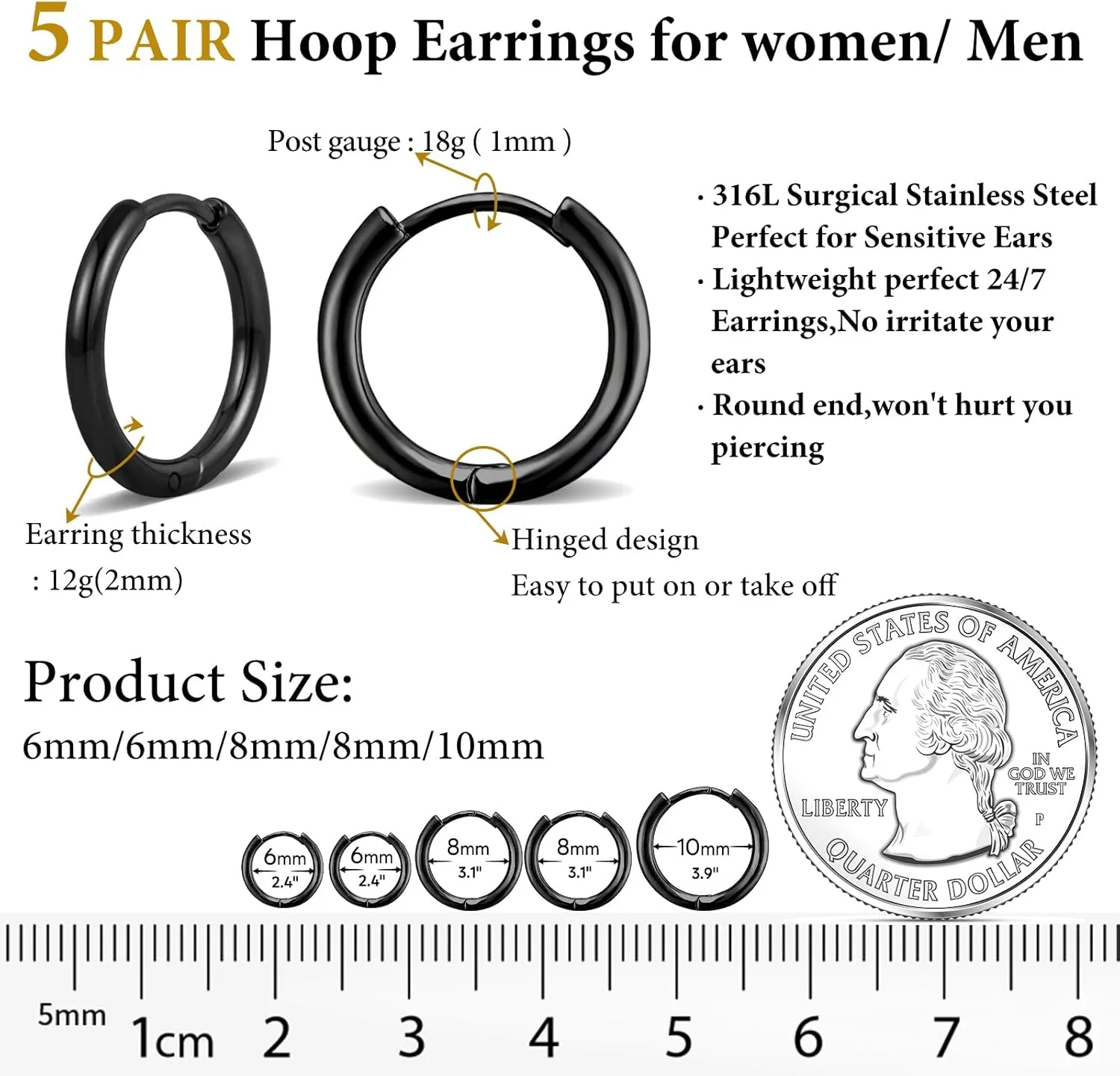 5 Pairs Small Gold Silver Hoop Earrings for Women Men,Hypoallergenic 316L Surgical Stainless Steel Earrings for Sensitive Ears,Cute Tiny Huggie Hoops Earrings Set for Multiple Piercing Jewelry Gift