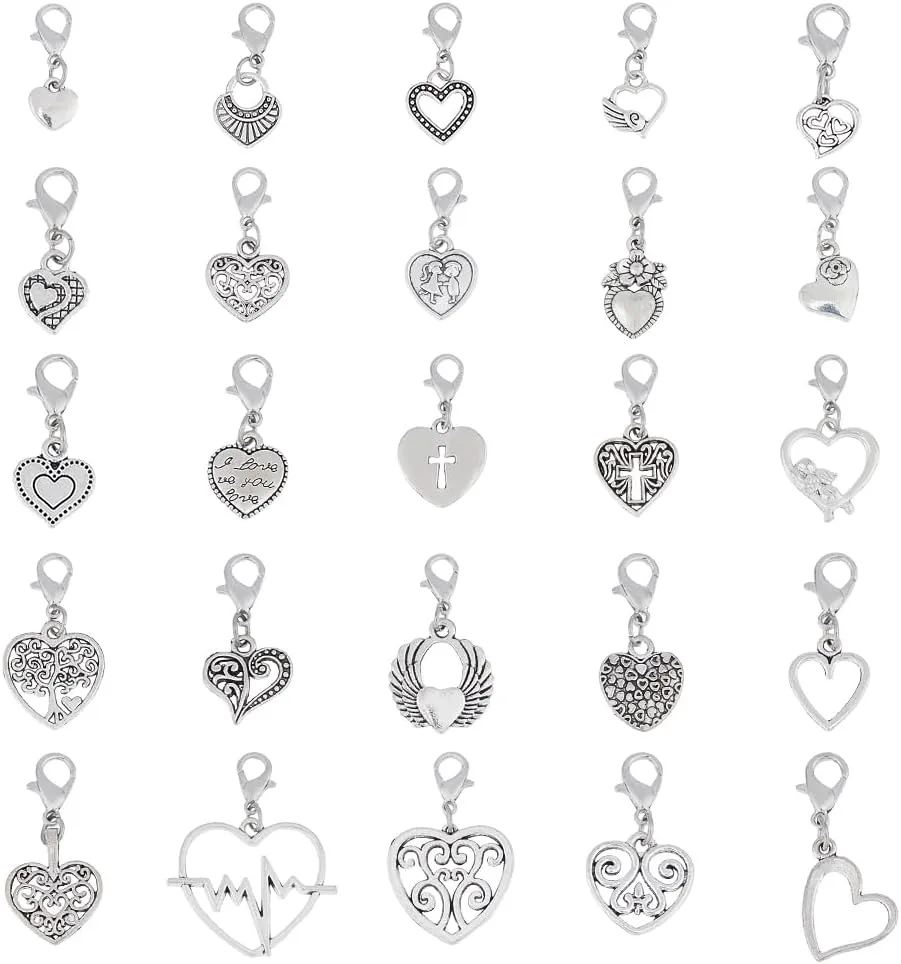 50pcs 25 Styles Heart Charms Antique Silver Love Charms Tibetan Style Heart Pendant Alloy Valentine's Day Charms for DIY Bracelet Necklace Earring Jewelry Making