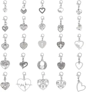 50pcs 25 Styles Heart Charms Antique Silver Love Charms Tibetan Style Heart Pendant Alloy Valentine's Day Charms for DIY Bracelet Necklace Earring Jewelry Making
