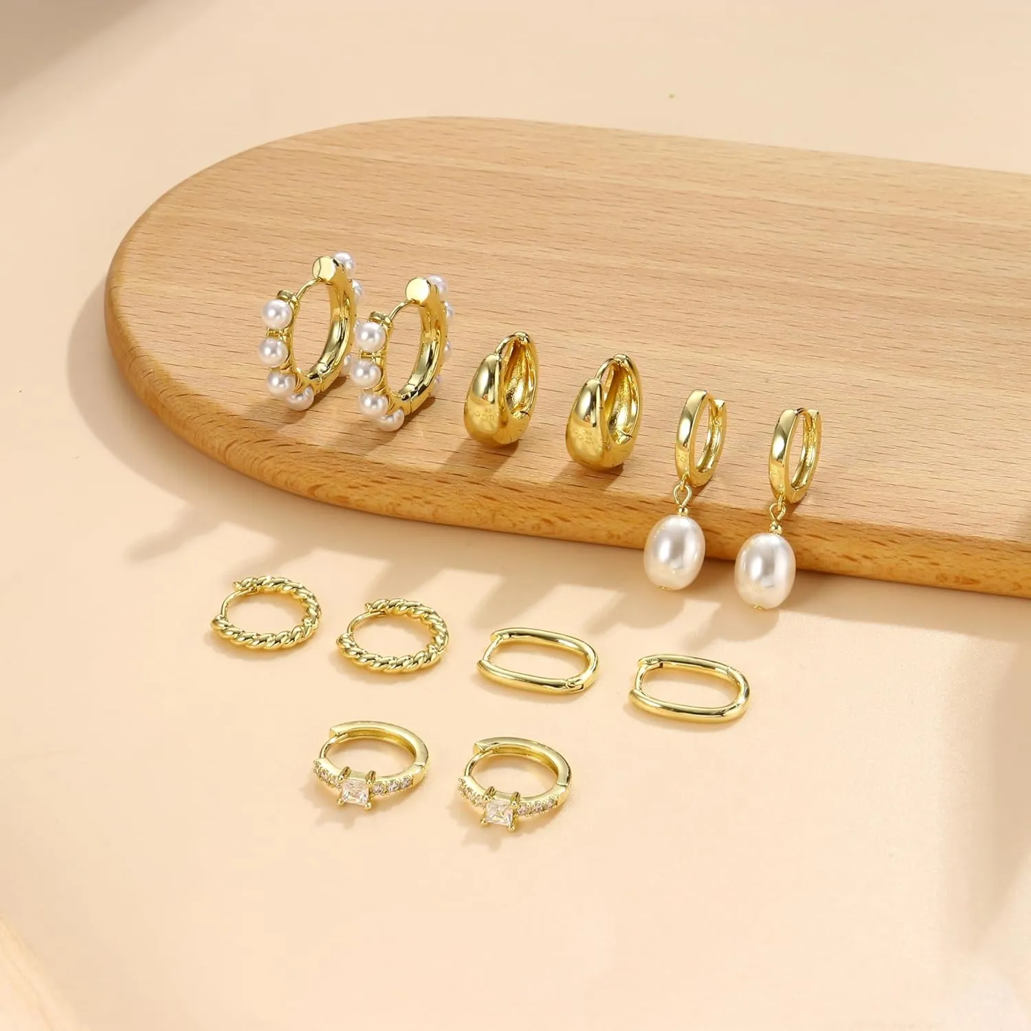 6 Pairs 14K Gold Plated Hoop Earrings for Women Trendy Chunky Hoop Earrings Stack Multipack Huggie Hoops Pearl Chain Dangle Gold Hoop Earrings Set