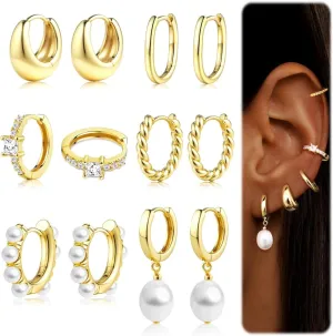 6 Pairs 14K Gold Plated Hoop Earrings for Women Trendy Chunky Hoop Earrings Stack Multipack Huggie Hoops Pearl Chain Dangle Gold Hoop Earrings Set