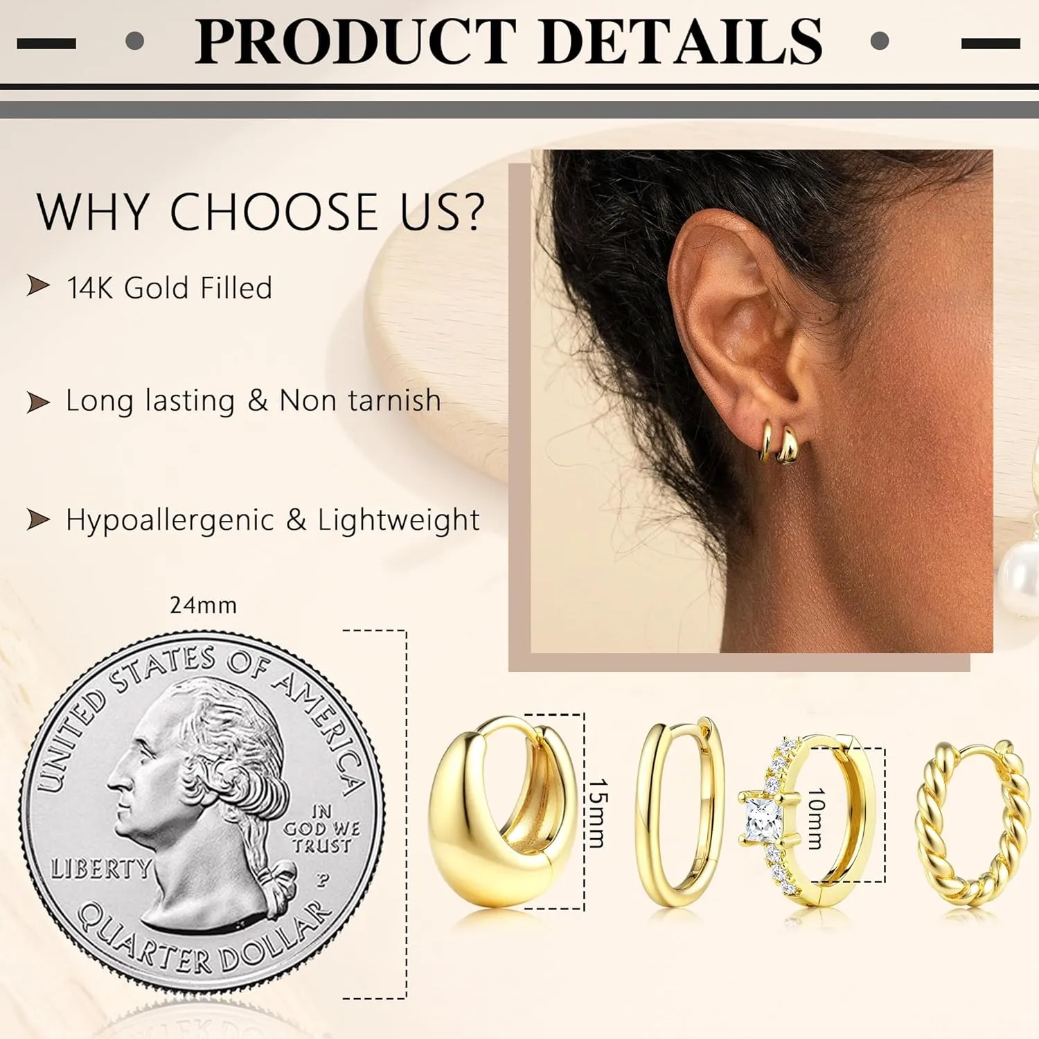 6 Pairs 14K Gold Plated Hoop Earrings for Women Trendy Chunky Hoop Earrings Stack Multipack Huggie Hoops Pearl Chain Dangle Gold Hoop Earrings Set