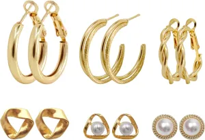 6 Pairs Gold Hoop Earrings Set for Women Fashion Lightweight Chunky Pearl Earrings Multipack Twisted Statement Earring Small Big Hoops Earrings Set for Women Jewelry Gifts