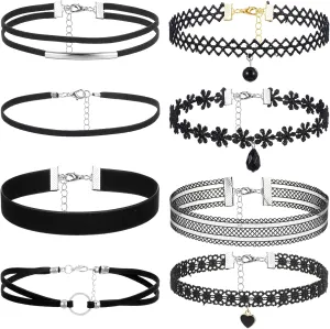 8Pcs Black Choker Necklace Lace Velvet Chocker Set Layered Classic Choker Necklace Velvet Collar for Women Adjustable Gothic Punk Classic