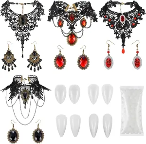 9 Pcs Halloween Vampire Costume Gothic Jewelry Set Devil Accessories Choker Earrings Set Include Vampire Teeth Fangs, Gothic Lolita Red Pendant Choker Jewelry for Victorian Vampire Cosplay and Wedding