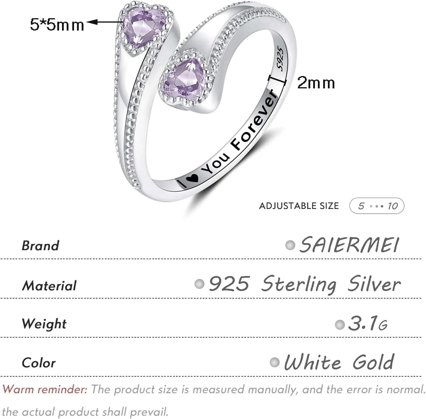 925 Sterling Silver Adjustable Heart Birthstone Rings for Women Open Double Love Heart Stones Rings for Mother Daughter Wife Birthday Gifts