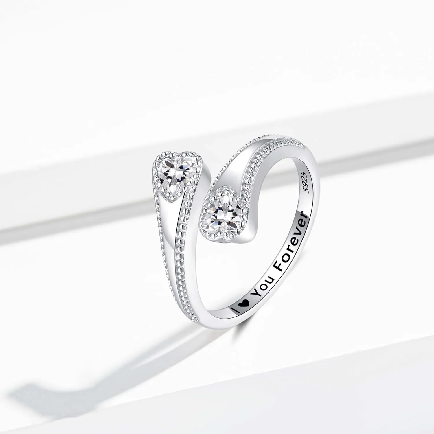 925 Sterling Silver Adjustable Heart Birthstone Rings for Women Open Double Love Heart Stones Rings for Mother Daughter Wife Birthday Gifts