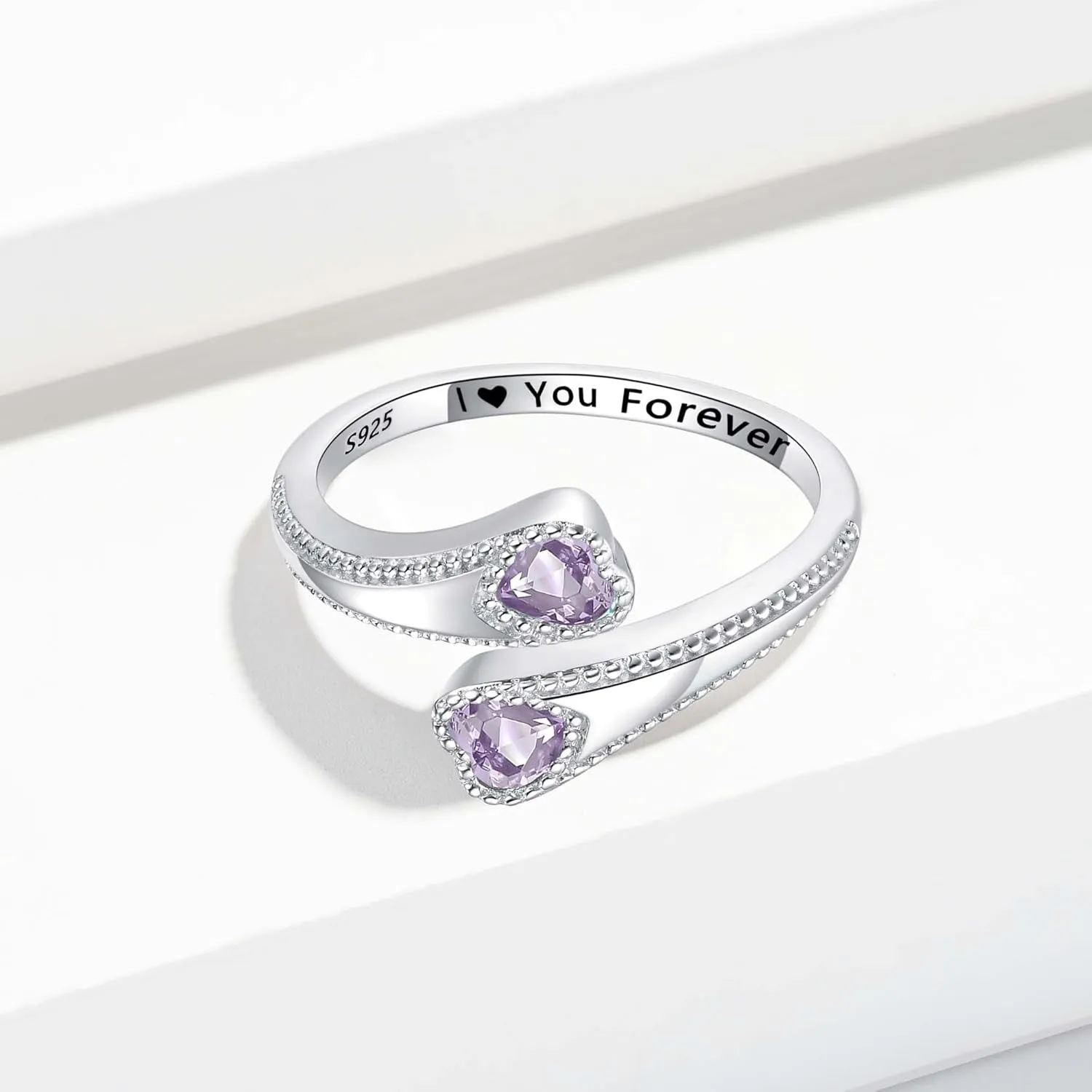 925 Sterling Silver Adjustable Heart Birthstone Rings for Women Open Double Love Heart Stones Rings for Mother Daughter Wife Birthday Gifts