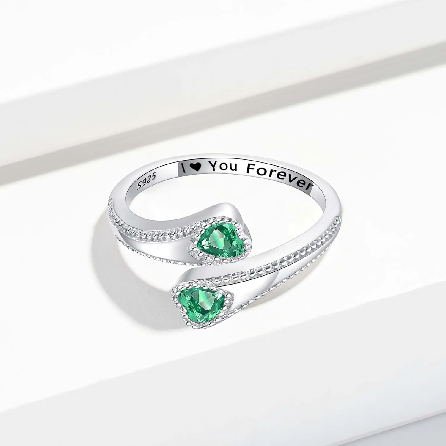 925 Sterling Silver Adjustable Heart Birthstone Rings for Women Open Double Love Heart Stones Rings for Mother Daughter Wife Birthday Gifts