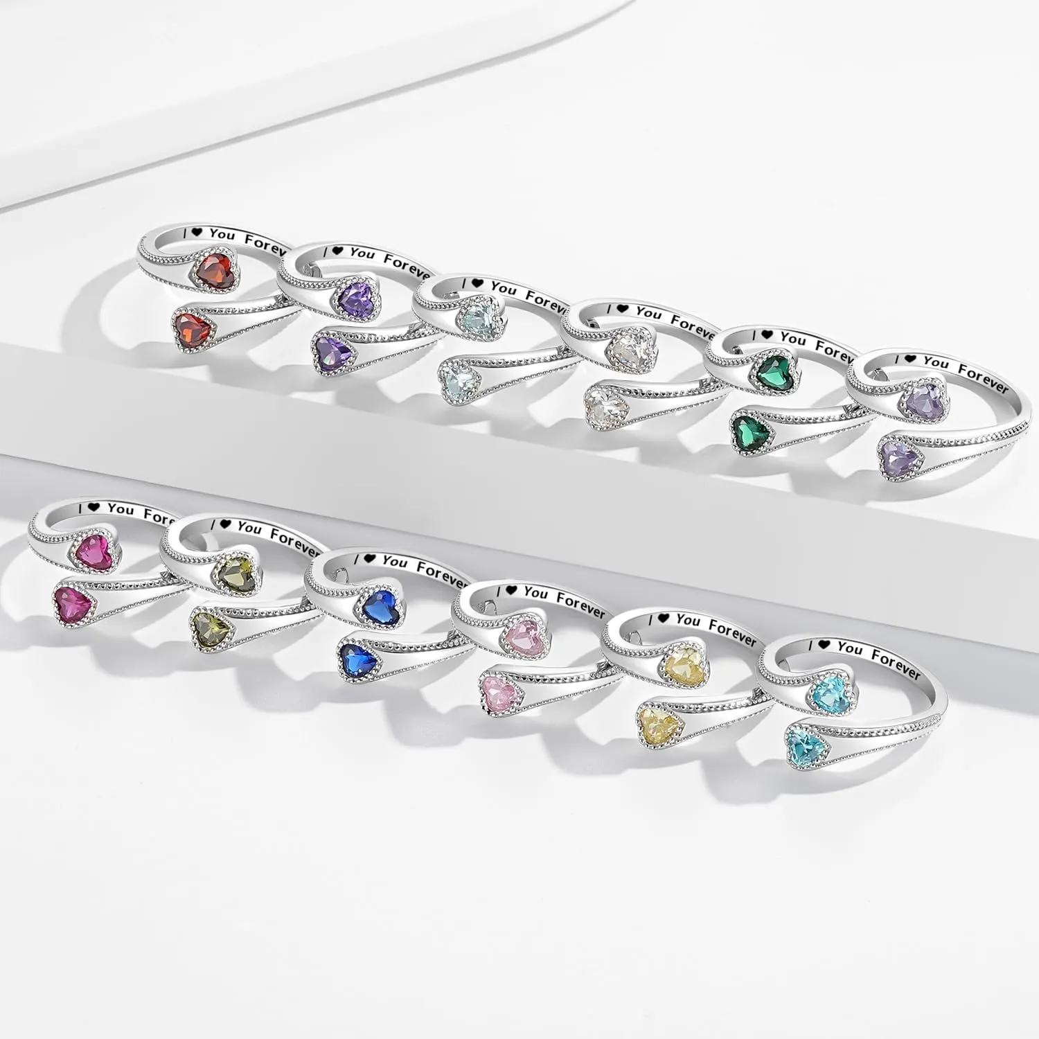 925 Sterling Silver Adjustable Heart Birthstone Rings for Women Open Double Love Heart Stones Rings for Mother Daughter Wife Birthday Gifts