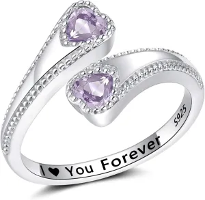925 Sterling Silver Adjustable Heart Birthstone Rings for Women Open Double Love Heart Stones Rings for Mother Daughter Wife Birthday Gifts