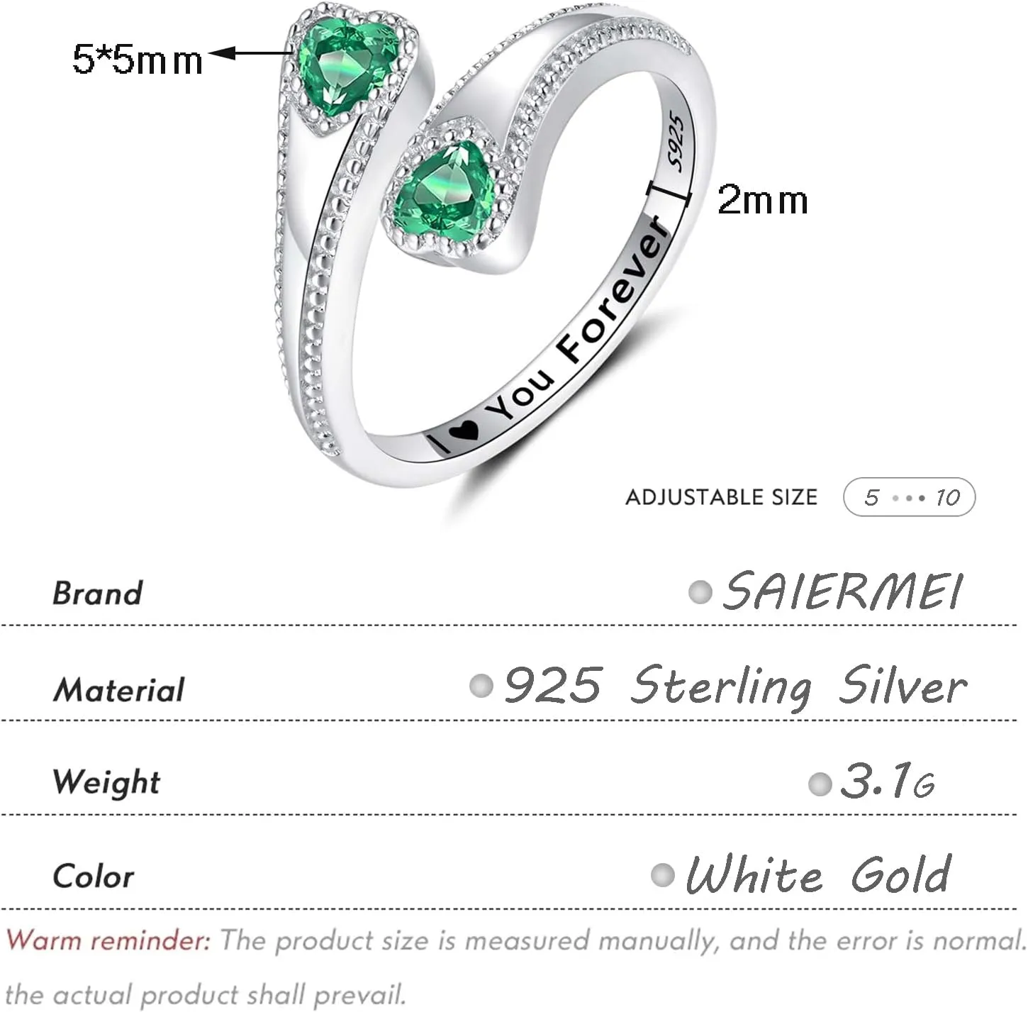 925 Sterling Silver Adjustable Heart Birthstone Rings for Women Open Double Love Heart Stones Rings for Mother Daughter Wife Birthday Gifts