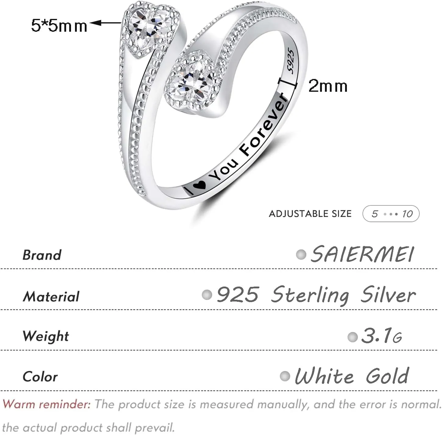 925 Sterling Silver Adjustable Heart Birthstone Rings for Women Open Double Love Heart Stones Rings for Mother Daughter Wife Birthday Gifts
