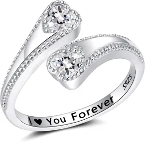 925 Sterling Silver Adjustable Heart Birthstone Rings for Women Open Double Love Heart Stones Rings for Mother Daughter Wife Birthday Gifts