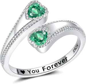 925 Sterling Silver Adjustable Heart Birthstone Rings for Women Open Double Love Heart Stones Rings for Mother Daughter Wife Birthday Gifts