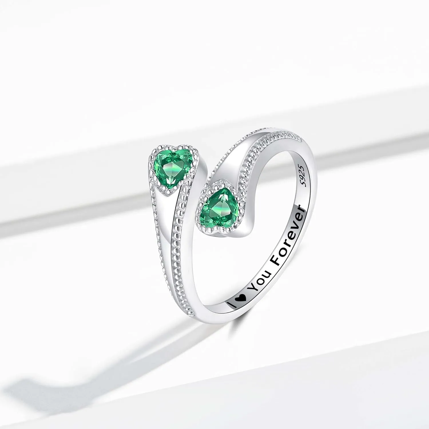 925 Sterling Silver Adjustable Heart Birthstone Rings for Women Open Double Love Heart Stones Rings for Mother Daughter Wife Birthday Gifts