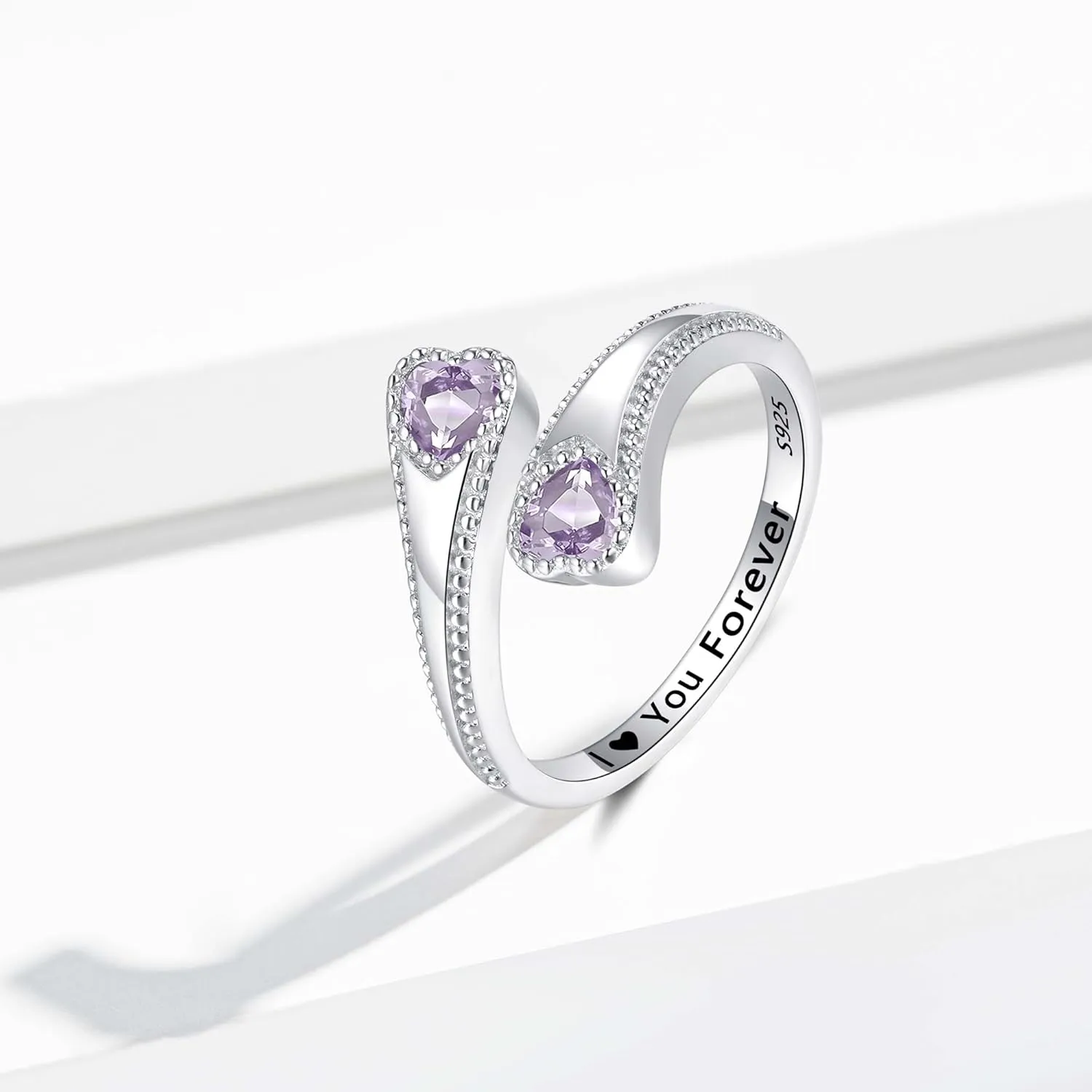 925 Sterling Silver Adjustable Heart Birthstone Rings for Women Open Double Love Heart Stones Rings for Mother Daughter Wife Birthday Gifts