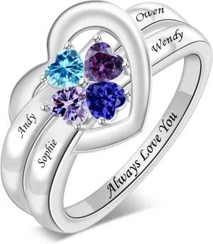 925 Sterling Silver Birthstone Rings for Women Name Rings with 1-8 Birthstones Names Heart Custom Engraved Name Ring Gift for Promise Wedding Valentine's Day Mother's Day Anniversary