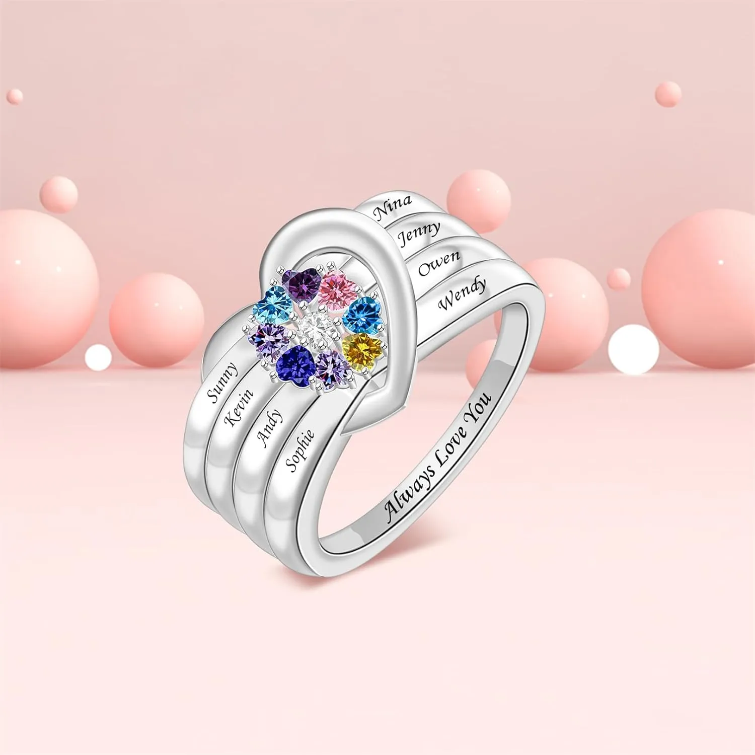 925 Sterling Silver Birthstone Rings for Women Name Rings with 1-8 Birthstones Names Heart Custom Engraved Name Ring Gift for Promise Wedding Valentine's Day Mother's Day Anniversary