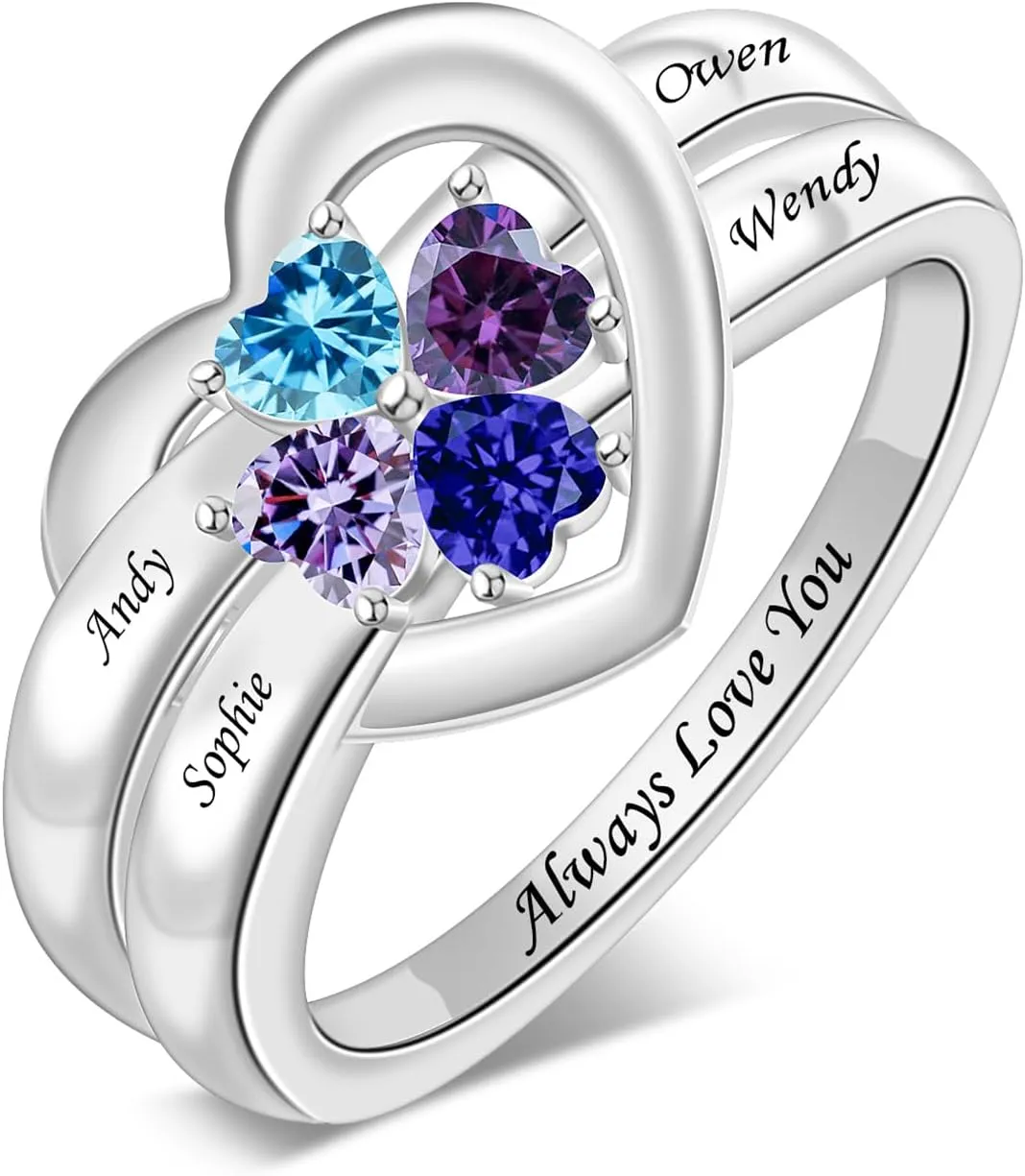 925 Sterling Silver Birthstone Rings for Women Name Rings with 1-8 Birthstones Names Heart Custom Engraved Name Ring Gift for Promise Wedding Valentine's Day Mother's Day Anniversary