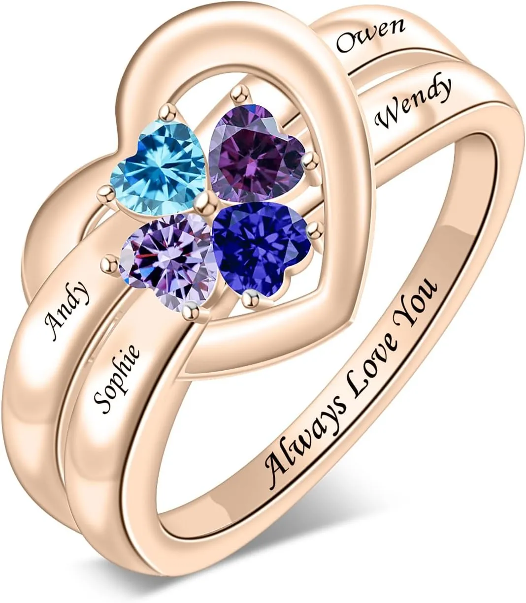 925 Sterling Silver Birthstone Rings for Women Name Rings with 1-8 Birthstones Names Heart Custom Engraved Name Ring Gift for Promise Wedding Valentine's Day Mother's Day Anniversary