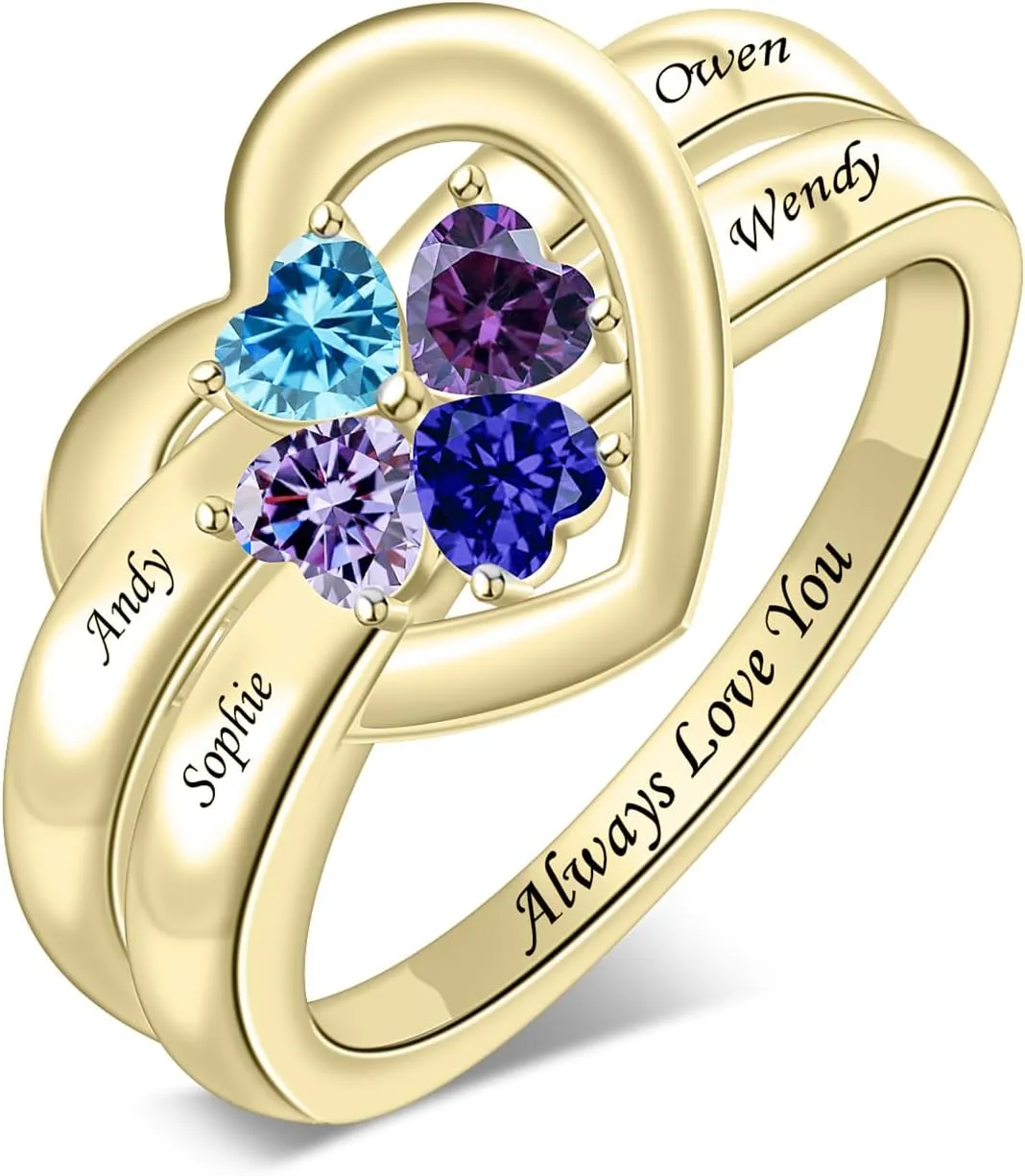 925 Sterling Silver Birthstone Rings for Women Name Rings with 1-8 Birthstones Names Heart Custom Engraved Name Ring Gift for Promise Wedding Valentine's Day Mother's Day Anniversary