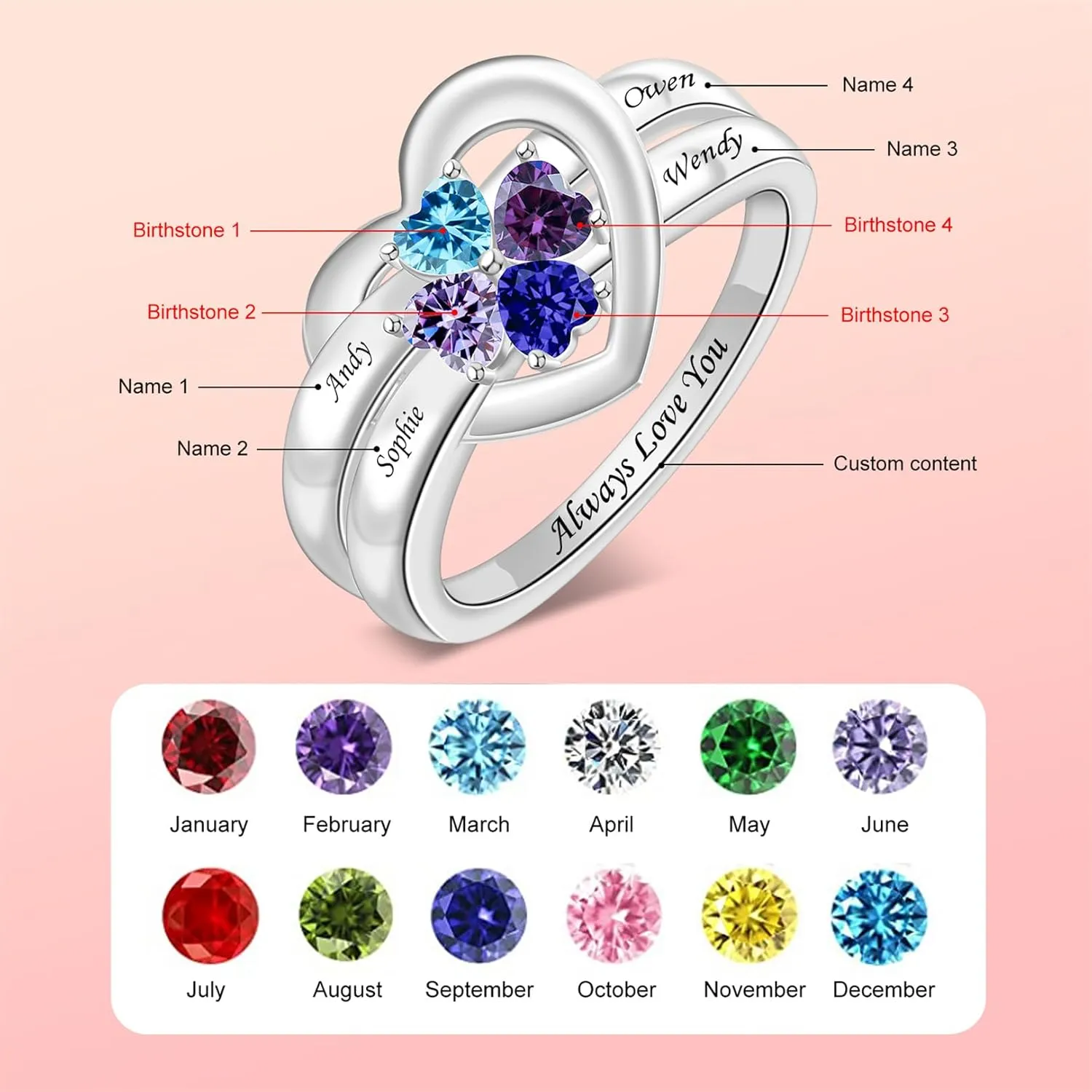 925 Sterling Silver Birthstone Rings for Women Name Rings with 1-8 Birthstones Names Heart Custom Engraved Name Ring Gift for Promise Wedding Valentine's Day Mother's Day Anniversary