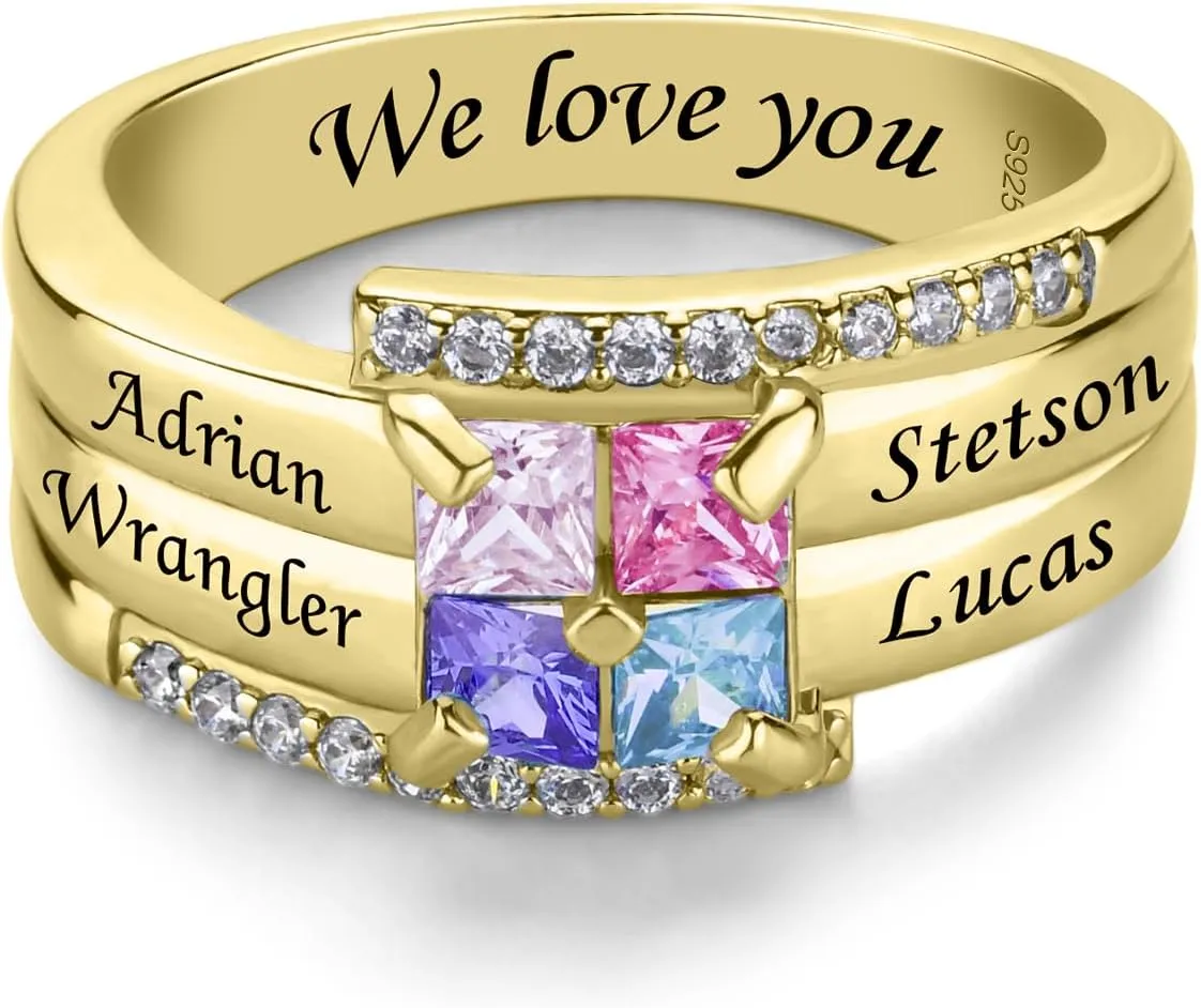 925 Sterling Silver Birthstones Rings for Women Personalized Mothers Rings with 1-9 Names Customize Names Engraved Family Rings for Mothers Grandmother