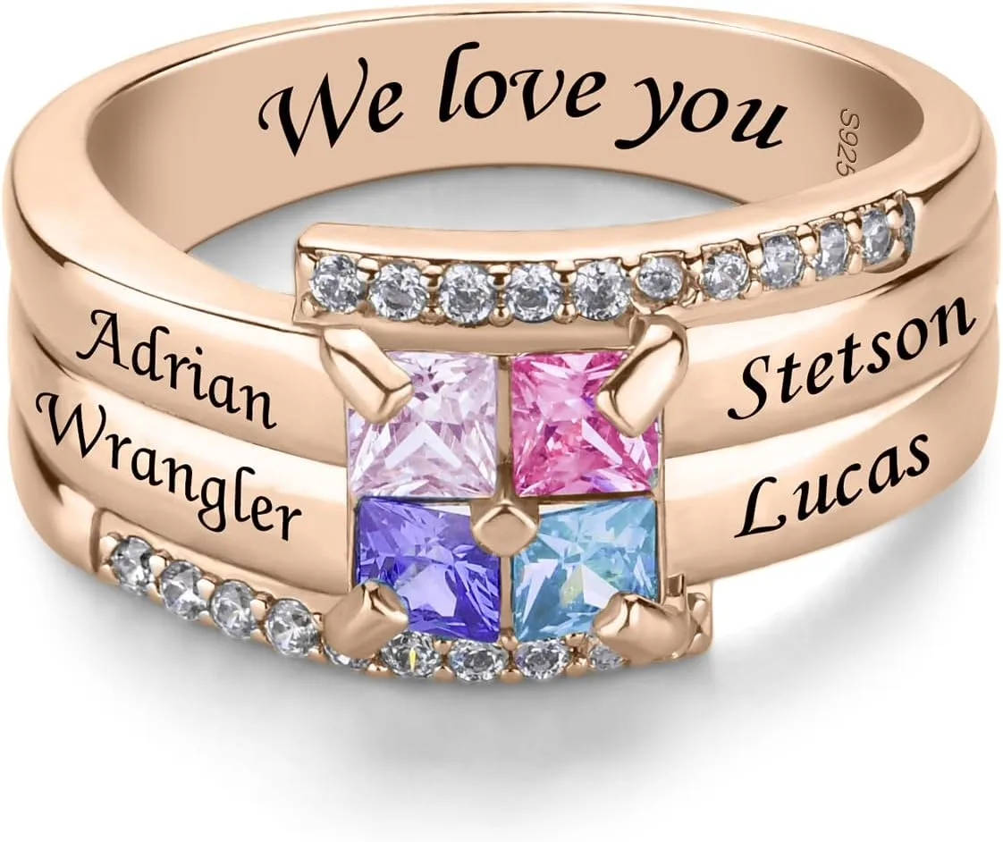 925 Sterling Silver Birthstones Rings for Women Personalized Mothers Rings with 1-9 Names Customize Names Engraved Family Rings for Mothers Grandmother