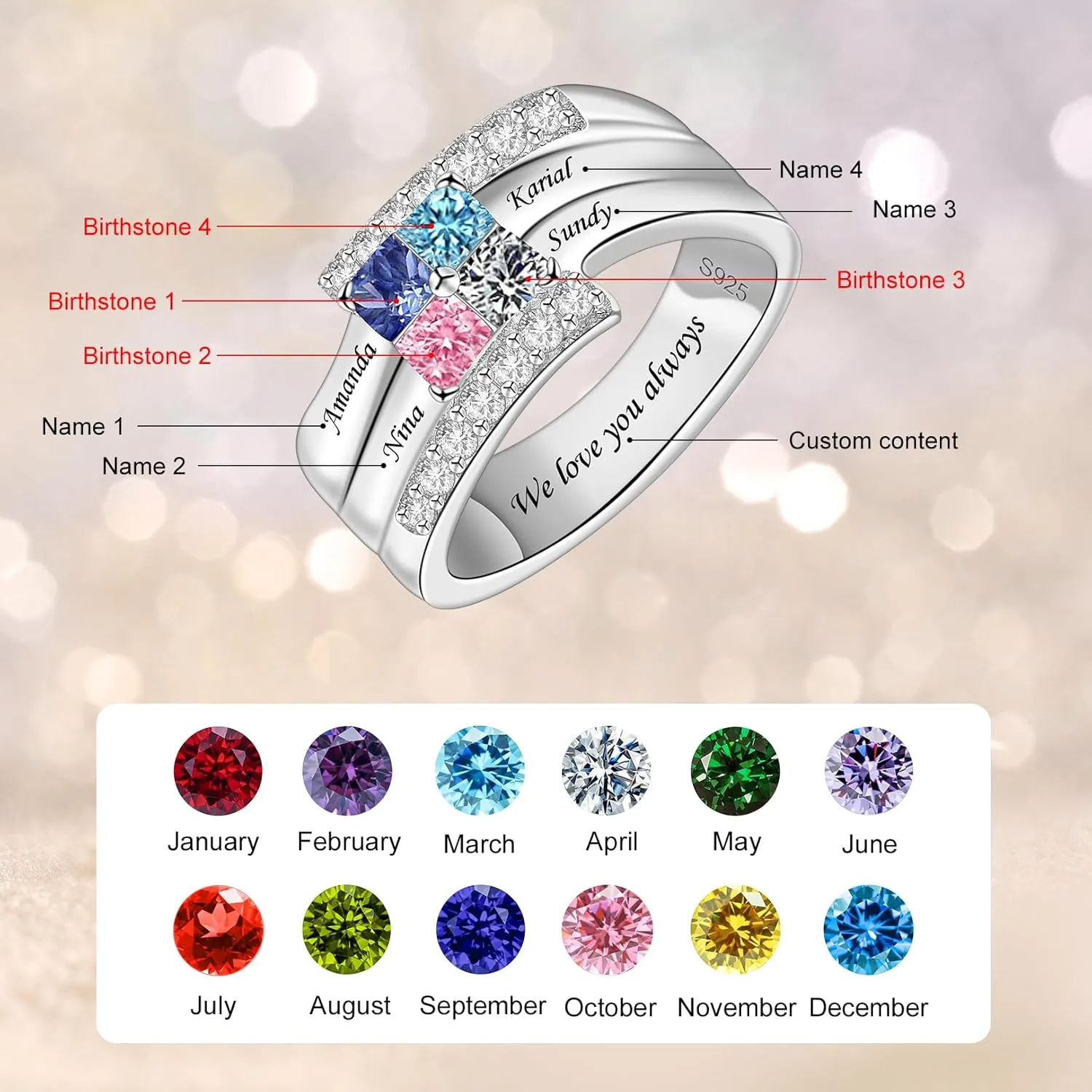 925 Sterling Silver Birthstones Rings for Women Personalized Mothers Rings with 1-9 Names Customize Names Engraved Family Rings for Mothers Grandmother