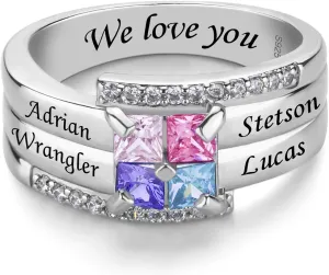 925 Sterling Silver Birthstones Rings for Women Personalized Mothers Rings with 1-9 Names Customize Names Engraved Family Rings for Mothers Grandmother