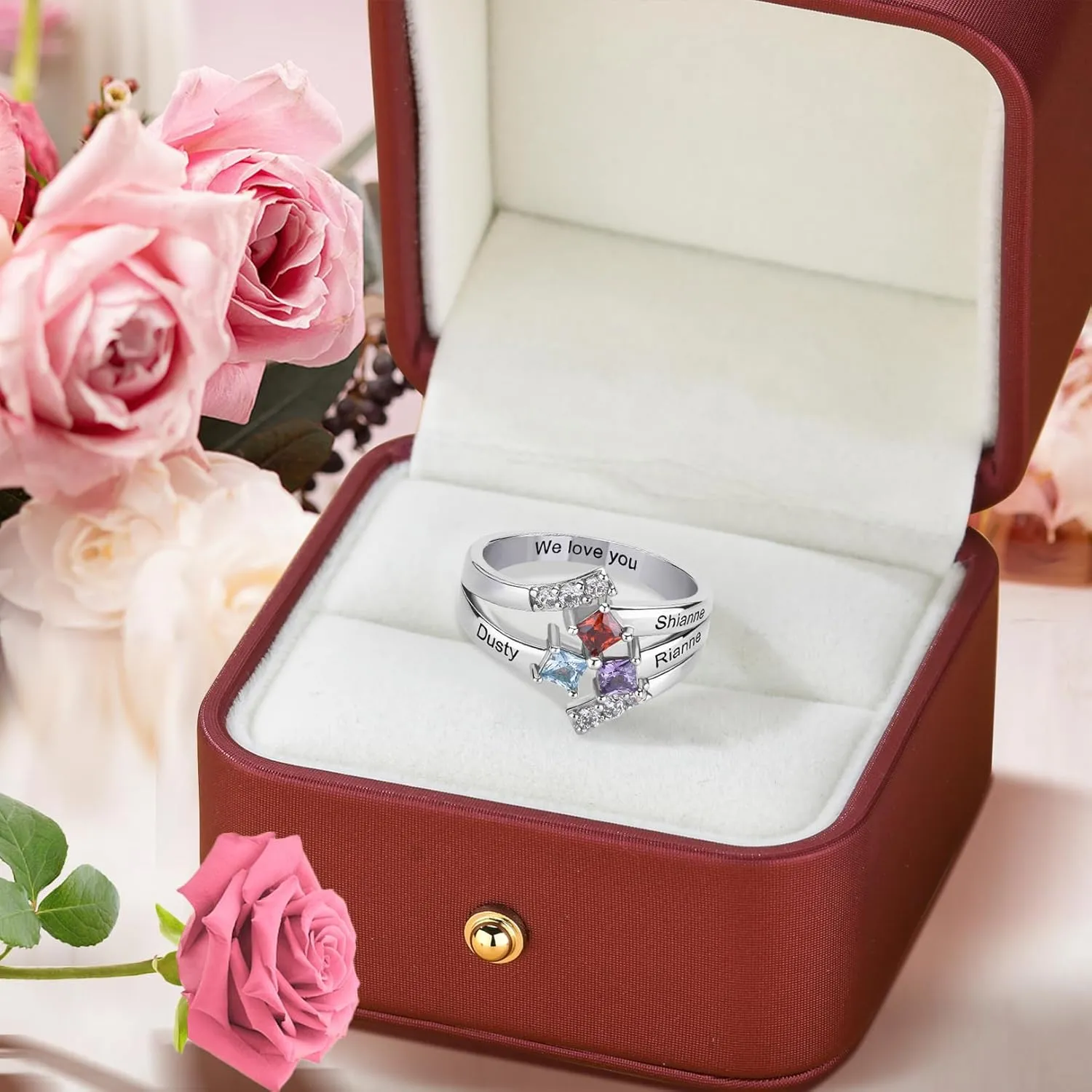 925 Sterling Silver Birthstones Rings for Women Personalized Mothers Rings with 1-9 Names Customize Names Engraved Family Rings for Mothers Grandmother
