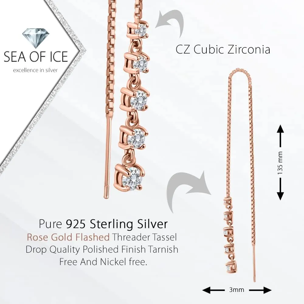 925 Sterling Silver CZ Cubic Zirconia Tassel Drop Chain Dangle Threader Earrings for Women, 5 Inches