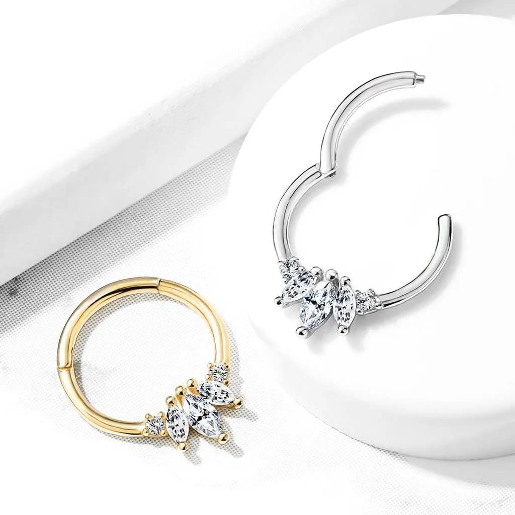 925 Sterling Silver Diamond Cluster Clicker Hoop ?C Marquise & Round Diamond Huggie for Daith, Helix, Tragus, and Cartilage Piercings