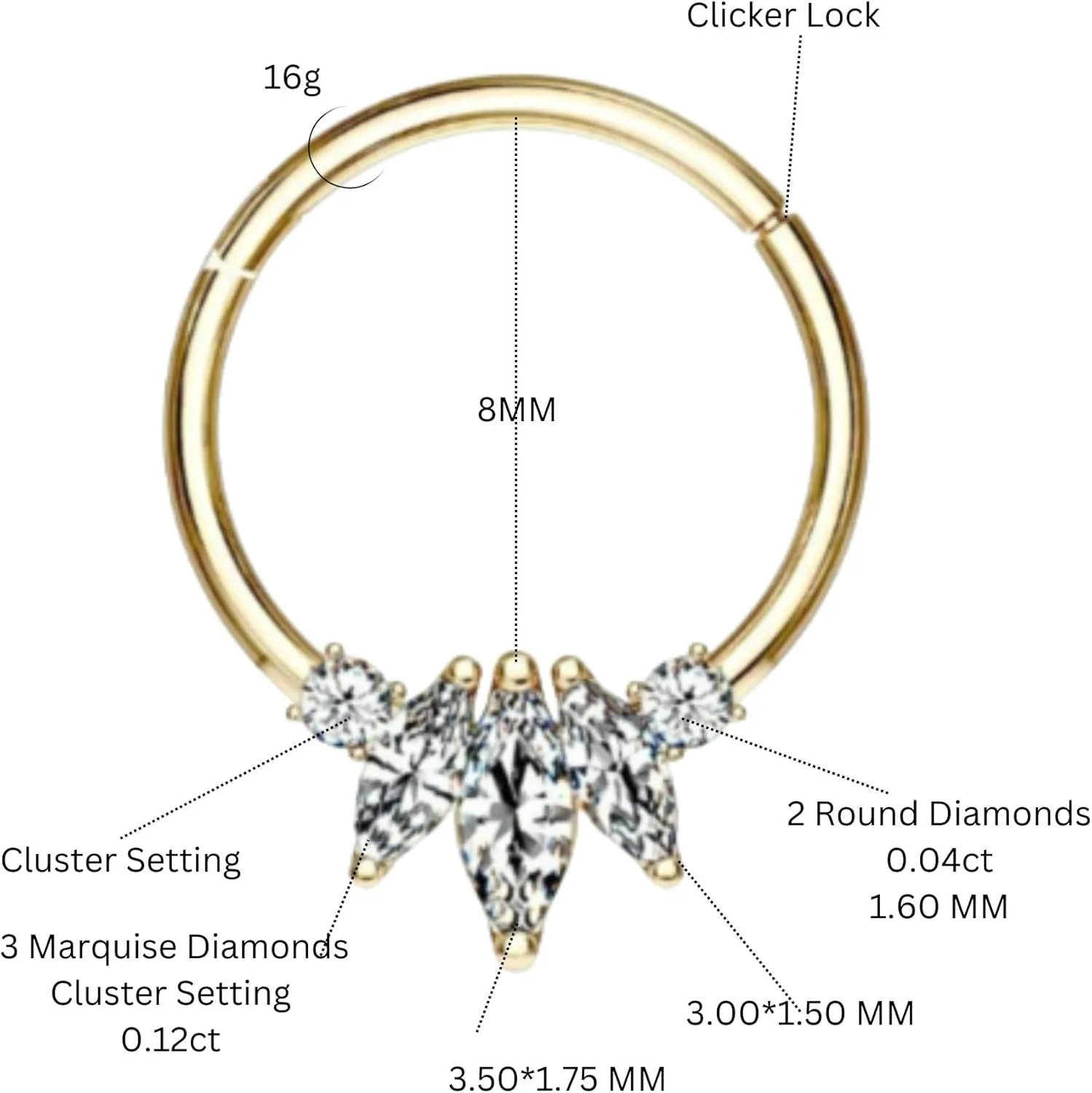 925 Sterling Silver Diamond Cluster Clicker Hoop ?C Marquise & Round Diamond Huggie for Daith, Helix, Tragus, and Cartilage Piercings