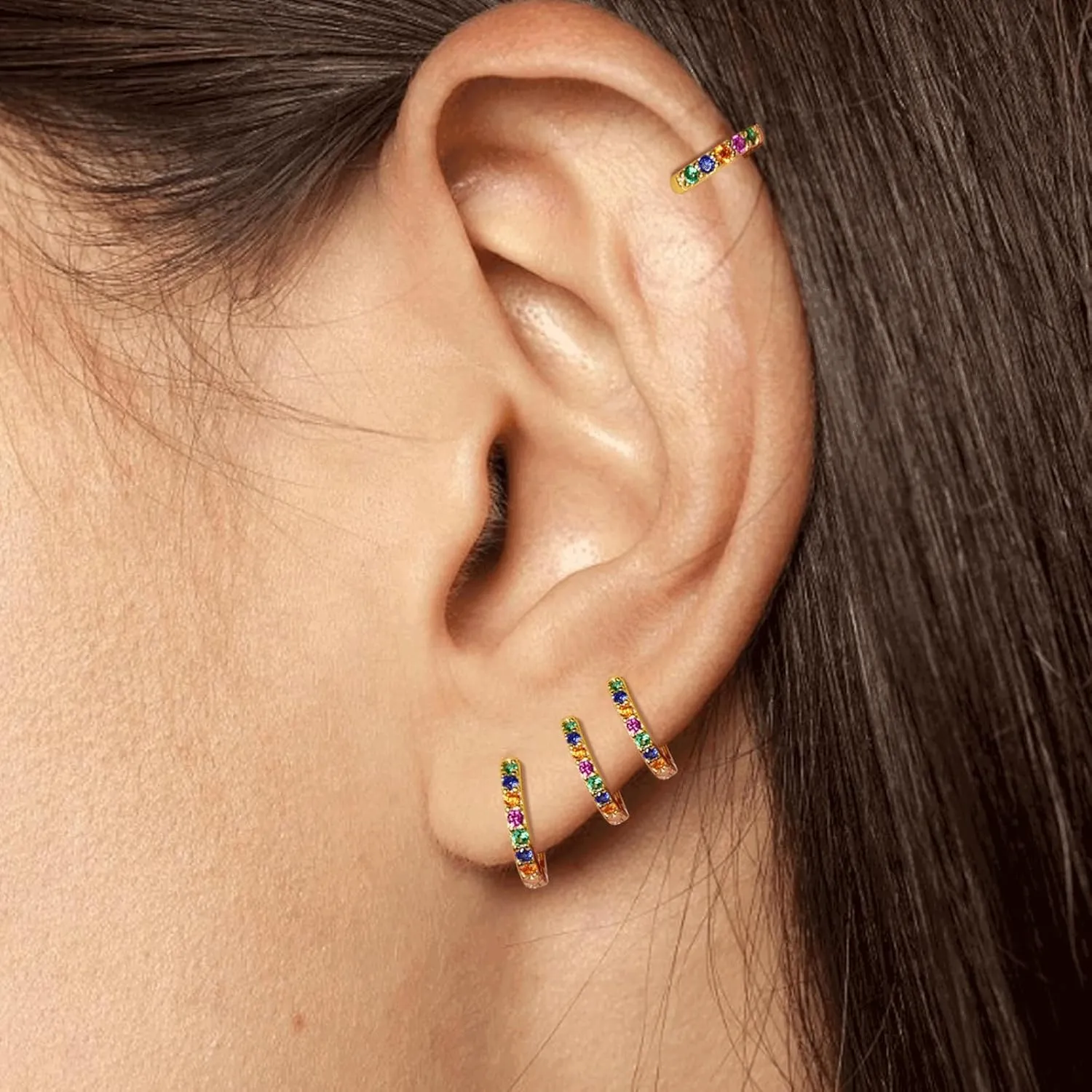 925 Sterling Silver Hoop Earrings Multicolored Cubic Zirconia Mini Huggie Hoops 14K Gold Plated Upper Ear Cartilage Helix Small Tiny Hoop Earrings