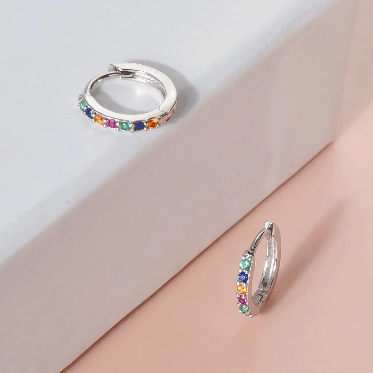 925 Sterling Silver Hoop Earrings Multicolored Cubic Zirconia Mini Huggie Hoops 14K Gold Plated Upper Ear Cartilage Helix Small Tiny Hoop Earrings