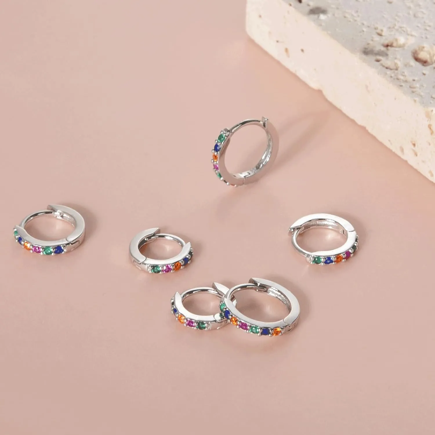925 Sterling Silver Hoop Earrings Multicolored Cubic Zirconia Mini Huggie Hoops 14K Gold Plated Upper Ear Cartilage Helix Small Tiny Hoop Earrings
