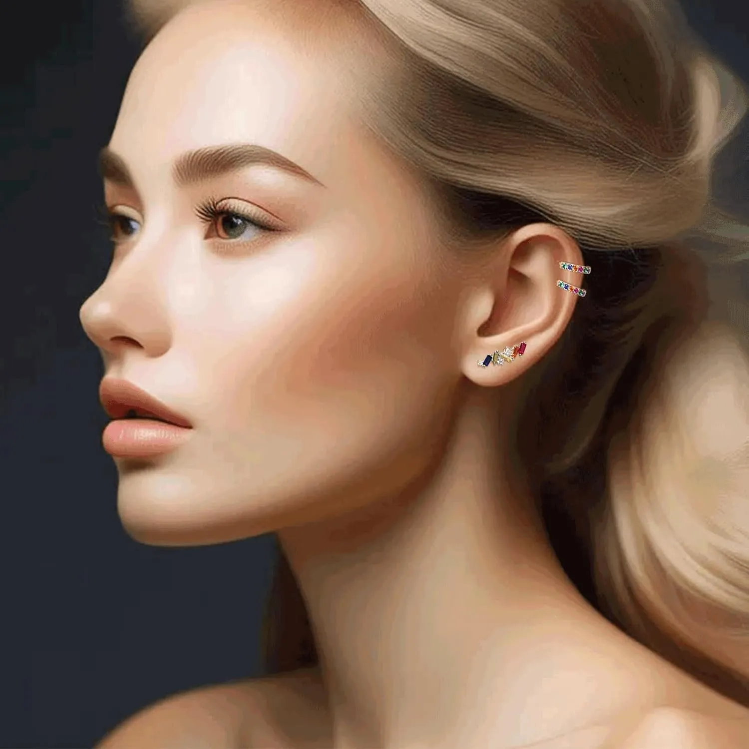 925 Sterling Silver Hoop Earrings Multicolored Cubic Zirconia Mini Huggie Hoops 14K Gold Plated Upper Ear Cartilage Helix Small Tiny Hoop Earrings