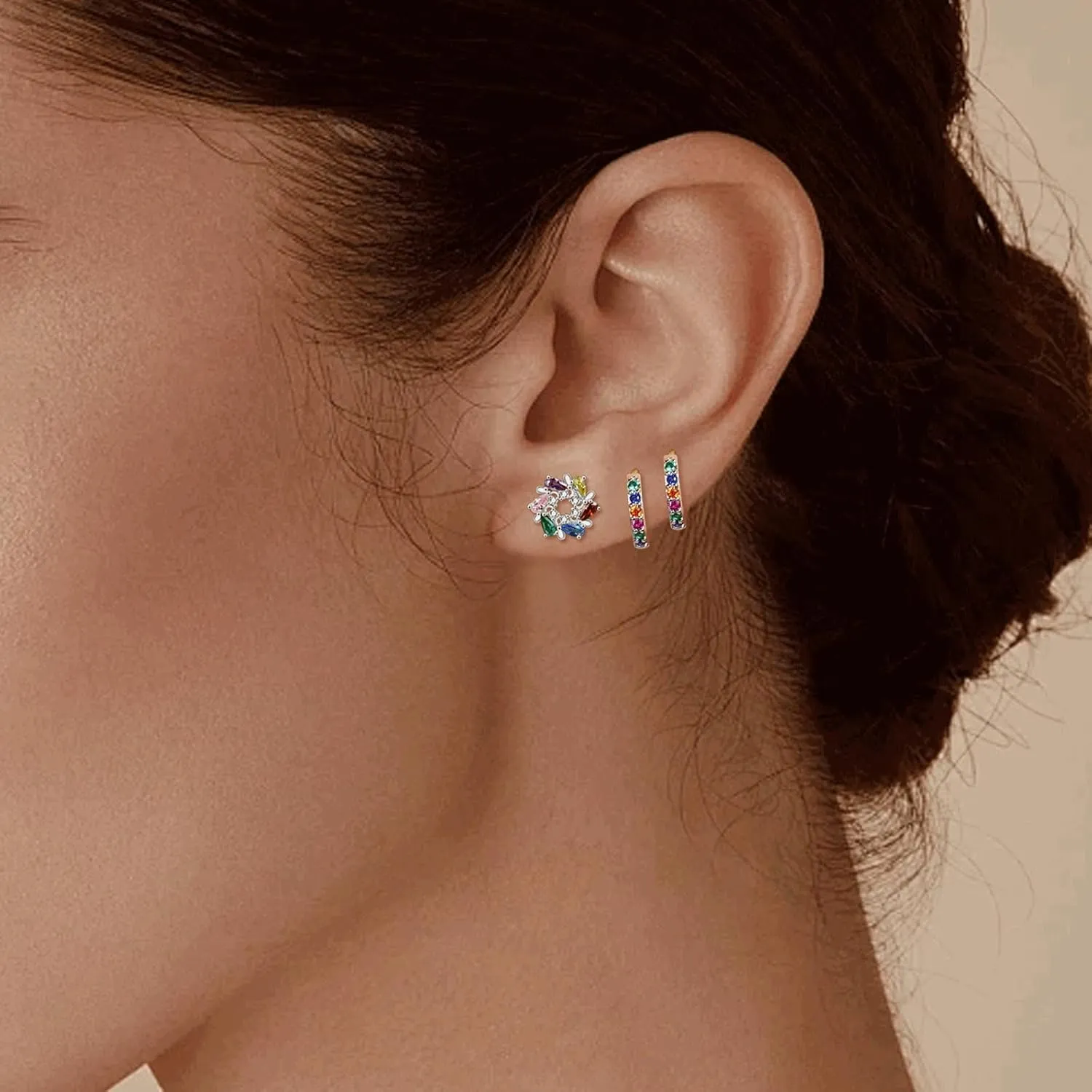 925 Sterling Silver Hoop Earrings Multicolored Cubic Zirconia Mini Huggie Hoops 14K Gold Plated Upper Ear Cartilage Helix Small Tiny Hoop Earrings