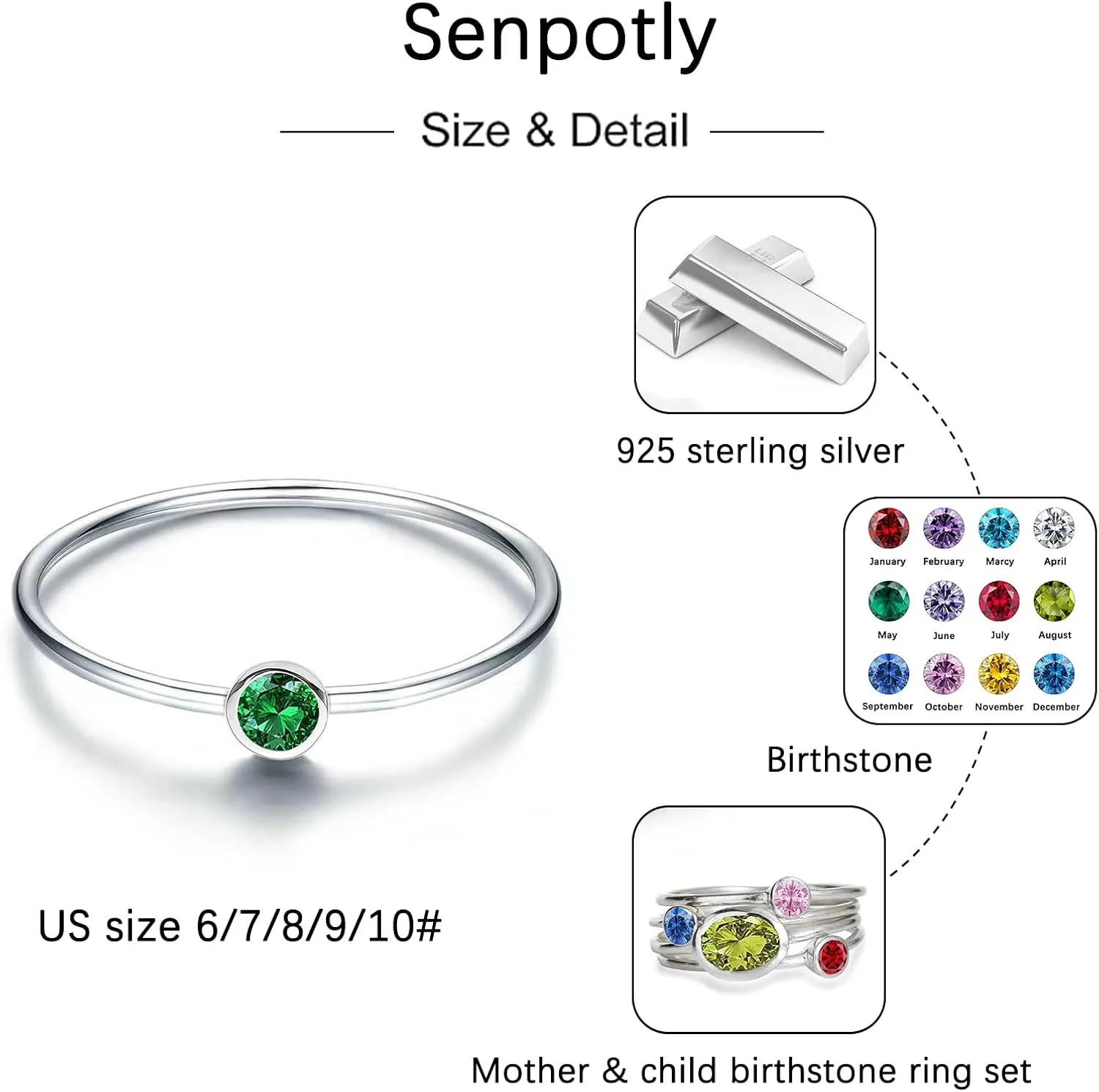 925 Sterling Silver Mother Child Birthstone Stackable Rings Set Mother Ring with Birthstone Mother Daughter Family Ring Mother's Day Jewelry Gifts for Wife