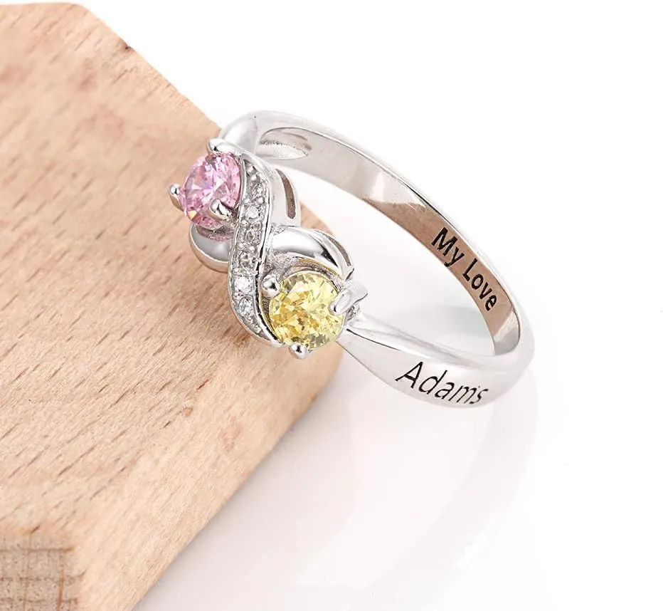 925 Sterling Silver Personalized Mothers Ring with 2 Birthstones Custom Engraved Name Engagement Wedding Promise Rings for Women Mothers Day Birthday Gifts for Mom Grandma Wife