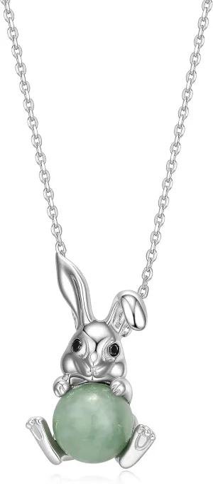 .925 Sterling Silver Rhodium or 18K Gold Plated Genuine Jade Pendant Necklaces for Women - Animal Design with Sparkling Gemstones Accents, Hypoallergenic Sterling Silver Necklace 18 inch